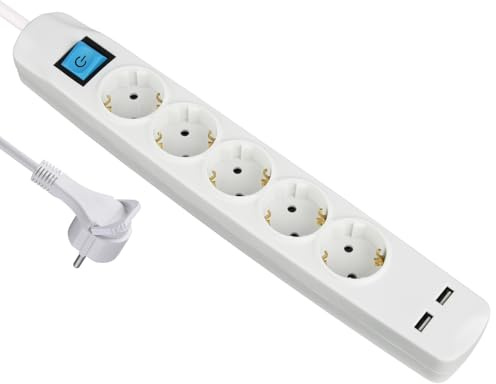 MAXTRACK NV58-5WL 5-vägs grenuttag med USB, platt skyddskontakt, 2 USB-laddningsuttag, flera uttag med handtag för att dra ut, kabelbindning, platsbesparande och robust