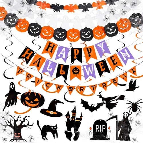 Hafuvool Halloween Decorations - Reusable Happy Halloween Banner, Trick Or Treat Bunting, Spider Web and Spooky Hanging Decorations for Party Decor indoor Outdoor