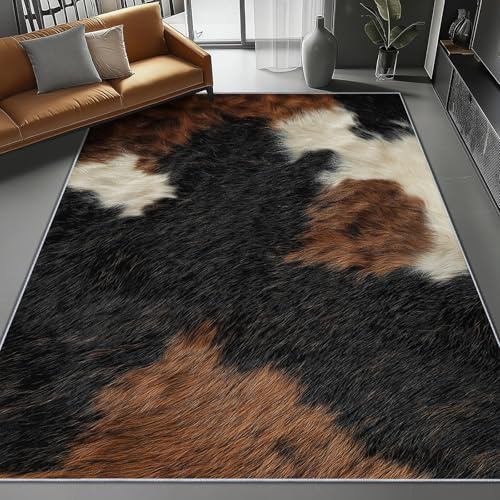 Teppich Wohnzimmer Waschbar 80x150 cm – Kuhfell Optik Kurzflor Teppiche rutschfest, Felloptik Braun Schwarz Weiß, Weicher Schlafzimmer Teppich & Flächenteppich, Moderner Flächenteppich Pflegeleicht