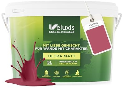 Veluxis® Pintura de pared rosa para interiores - 5 litros y opacidad clase 1, sin vetas, antigoteo, ecológica y sin COV - (Rosy Raspberry)