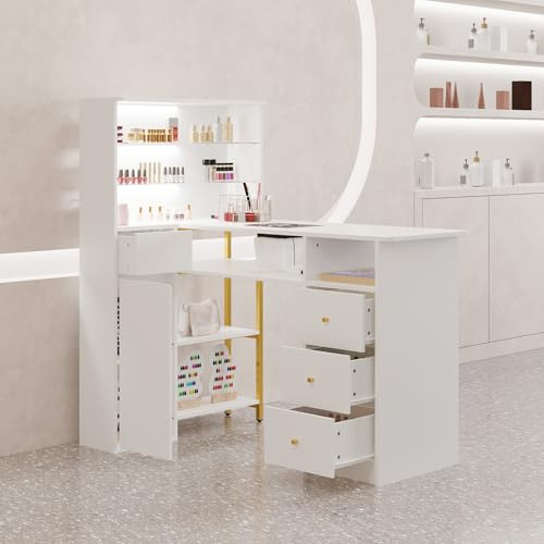 Table de manucure avec Aspirateur Table Onglerie 6 étagères en Verre Table de Soin des Ongles avec LED et 4 tiroirs Table Manucure professional 120x42.9x126.5cm pour salon de manucure et Beauté Blanc