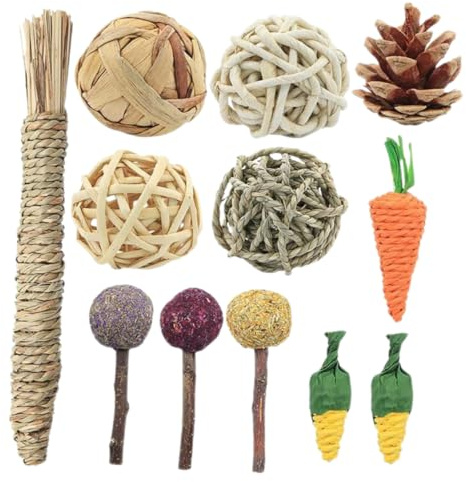 FUTUREORYY 12 Stück Teiliges Kleintierspielzeug aus Natürlichem Rattan Kau Zahnpflegebälle für Meerschweinchen Hamster Ratten und Kaninchen Abwechslungsreiche Farben und Zufällige Farbe