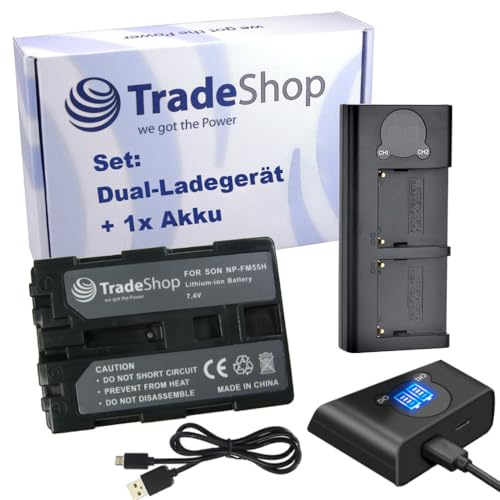 Trade-Shop 2in1 Set: Akku 2000mAh + USB Typ-C Dual LCD Ladegerät kompatibel mit Sony DCR-PC101E DCR-PC101K DCR-PC103 DCR-PC103E DCR-PC104 DCR-PC104E DCR-PC105E