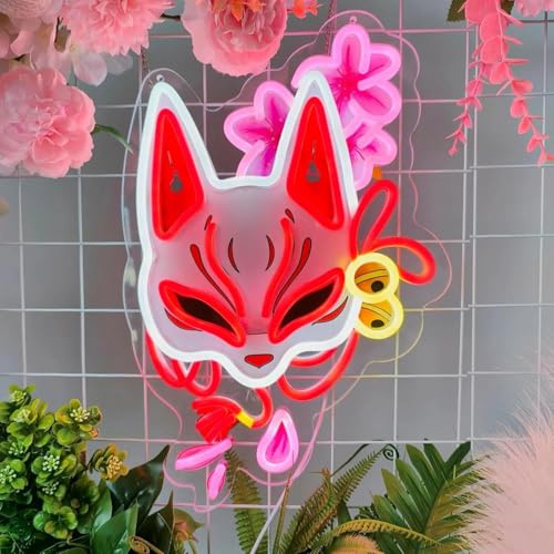 LYNMTPJ Enseigne lumineuse au néon «Masque de renard»– Décoration murale LED japonaise for restaurants, bars et maison, alimentée par USB et à intensité variable