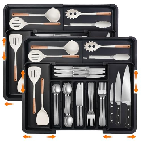 ALAIFU Bandeja de cubiertos para cajones, organizador de cocina y cocina, cajón, generosa bandeja de cubiertos con inserto de cajón, cocina, bandeja de cubiertos (2 x negro puro)
