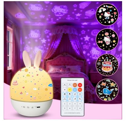 Kids Night Light Projector with Rotating 14Films + 78 Lighting Model and Remote, Cute Kitty Star Projector Lamp for Girls and Boys,Ideal Gift for Children and Room Decor (Rabbit)