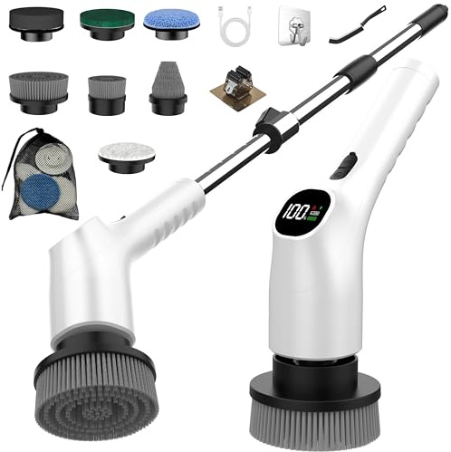 Brosse Nettoyage Electrique, 7 en 1 Brosse Rotative Nettoyage, IPX7 Étanche Nettoyeur de Douche, 2 Vitesses et Manche Réglable pour Salle de Bain, Cuisine (Blanc)