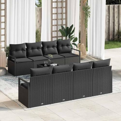 Runheo Garten Loungesofa Set, 7-teilig, Schwarz, Poly Rattan, mit Kissen, modular, wetterfest, UV-beständig, für Terrasse, Balkon, Außenbereich