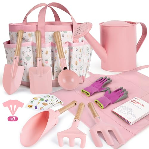 cossy trädgårdsverktygsset för barn, trädgårdsset för barn inklusive kratta, gaffel, vattenkanna, handskar och bärväska, vår- och sommarleksak, utomhuspresent för pojkar och flickor, rosa