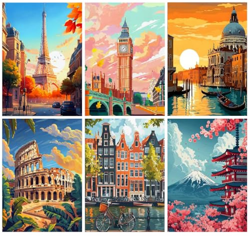 Jakener 6 Stück Stadtbild Diamond Painting Kits Adults,Diamant Malerei Kits Erwachsene,Diamant Malerei Kunst Bilder,Diamant Painting for Mosaik Bastelset Erwachsene, 30x40cm