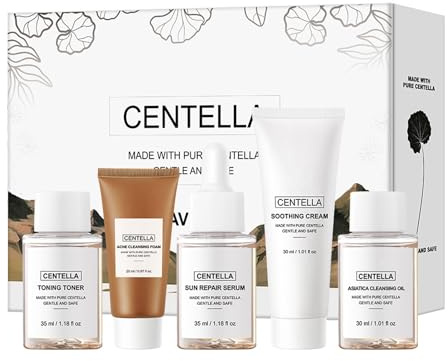 Centella Asiatica Skin Care Set, Centella Reise-Set, Gesichtswasser, Sonnenschutzserum, Beruhigende Creme, Reinigungsöl, Akne-Reinigungsschaum face care set (Centella asiatica)