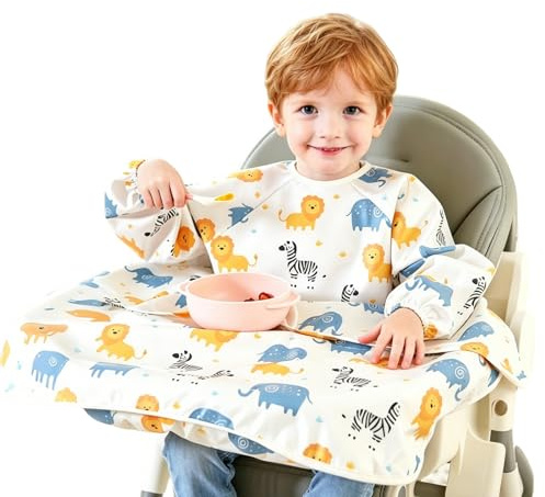 FENGCHUANG Bavoir Manches Longues pour Détachable Convient Motif Lion Imperméable et Antitache Doux Bavoir Manches et Agréable Fixé dans la Chaise Haute aux Bébés Enfants de 1 à 3 ans