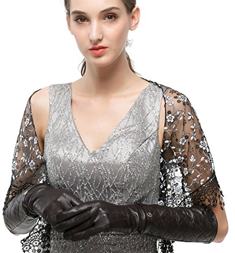 Nappaglo Damen Lange Nappaleder Handschuhe Touchscreen Party Winter Warm Fausthandschuhe (XXL (Umfang der Handfläche:21.6-22.8cm), Dunkelbraun(Touchscreen))