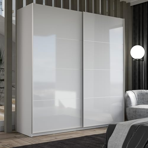 Forte Starlet Plus Armoire 200, Portes Coulissantes, Style Moderne, Blanc/Blanc Brillant, 200x210x61cm