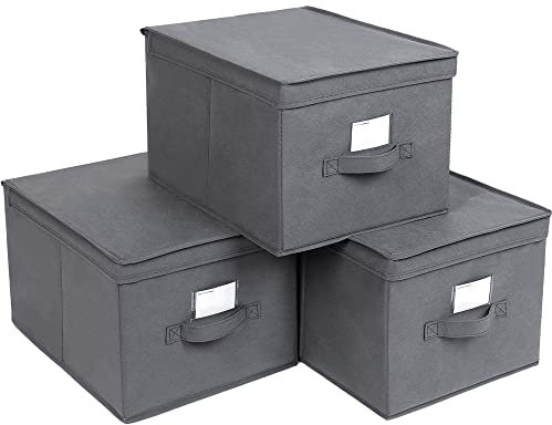 SONGMICS Aufbewahrungsbox, 3er Set, Faltbox mit Deckel, Boxen Aufbewahrung, Stoffbox mit Etikettenhalter, Aufbewahrungskorb, 40 x 30 x 25 cm, grau RFB03G