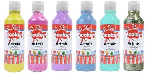 Scola Artmix Temperafarbe auf Wasserbasis, fertig gemischt, 6 verschiedene Einhorn-Farben, 300 ml Flaschen, sichere ungiftige Posterfarben, waschbar, Bastelprojekte, Schwammmalerei, Fingermalerei für