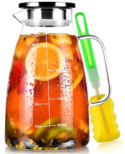 Water Jug, 2 L Glass Jug with Lid and Precise Scale Line, Stainless Steel Iced Tea Pitcher, Easy Clean Heat Resistant Borosilicate Milk Jug for Juice, Sangria, Cold or Hot Beverages