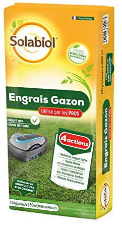 SOLABIOL Engrais Gazon 4 En 1 - Sac 10 Kg - Jusqu'à 250m² - Nutrion Longue Durée - Effet Reverdissant - Limite Les Mauvaises Herbes - Stimule L'Enracinement SOGAZYPRO10