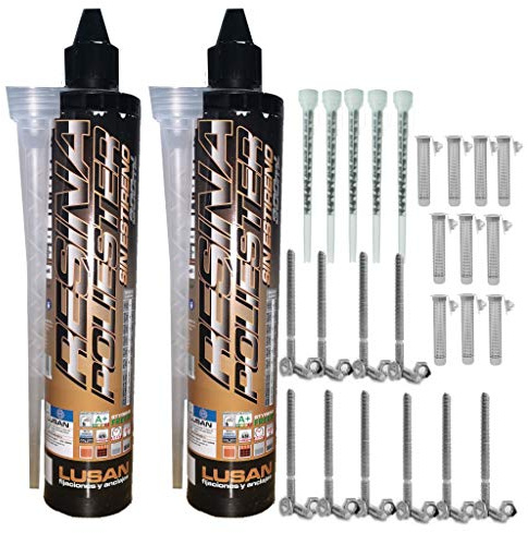 BricoLoco Kit Anclaje Adhesivo 2 Taco químico poliéster sin estireno 300 mm. + 5 cánulas + 10 tamices + 10 varillas). Bricolaje doméstico y profesional