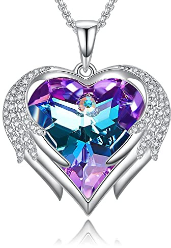 Praelinos Angel Wing Heart Necklaces for Women 18K White Gold Plated Silver Tone Pendant Necklaces 5A Cubic Zirconia Necklace Austria Crystal Jewellery Valentines Purple Gifts for Mom Girlfriend Wife