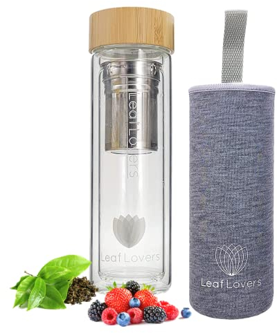 69active Teeflasche mit Sieb aus Edelstahl 400 ml Teekanne Glas to go doppelwandig - Thermoskanne mit Teesieb aus Borosilikatglas mit Schutzhülle