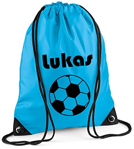 Sacca da palestra con nome, motivo calcio, con stampa del nome, personalizzabile, per lo sport, per ragazzi, bambini, grigio, blu surf, Sport