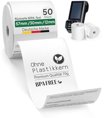 coreless - 50x EC-Thermorollen à 57mm x 30mm x 12mm - EC-Rolle mit Sepa Aufdruck - kernlose Kassenrollen ohne Plastikmüll