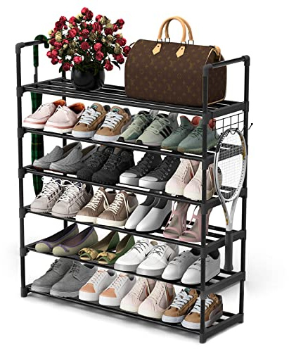 Hsscblet 6 Tiers Metal Shoe Rack,Adjustable Shoe Shelf Storage Organizer with Hooks,Stackable Boot & Shoe Storage,for Entryway,Hallway,Closet,Black