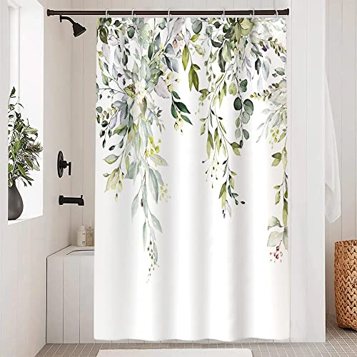Uiiooazy Duschvorhang 150x180cm, Duschvorhang Anti Schimmel Salbeigrün Blätter Weiß Rosa Blumen Aquarell Duschvorhänge Stoff Waschbar Wasserdicht Polyesster Bad Vorhang mit 10 Haken für Badezimmer