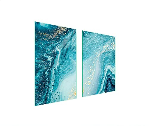 DarHaus Herdabdeckplatten 2-Teilig 65x52 cm Ceranfeldabdeckung Gehärtetes Glas 4 mm Herdschutz Spritzschutz Schneidebrett für Küche Elektroherd Induktion Marmor Türkis