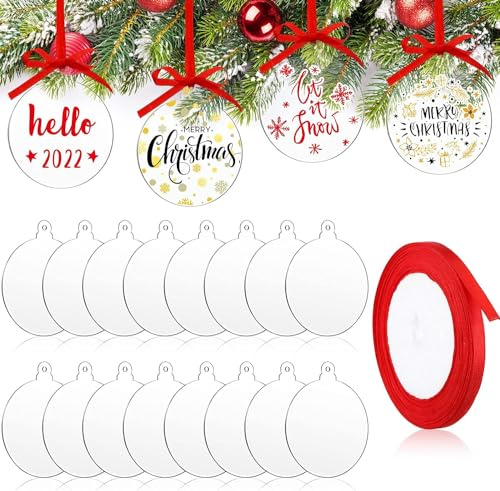 LATERN 60 Pezzi Pallina di Natale Ornamenti a Disco in Acrilico Trasparente, 10CM Girare Palline Piatte Vuote in Acrilico con Fori e Nastro Rosso per L'albero di Natale Festa Sospeso Decorazione