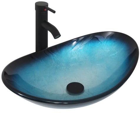 ZealWe Waschbecken Aufsatzwaschbecken Glas, Waschbecken Aufsatz Waschschale Oval für Badezimmer, Handwaschbecken Gäste WC 53 × 35 × 16 cm Waschtisch Waschplatz, Blau