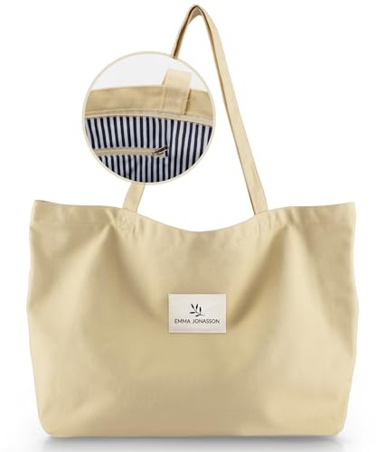 Emma Jonasson Shopper Tasche Damen groß mit Reißverschluss - Jutebeutel mit Innentasche - Esthetic Tote Bag Damen - Taschen Damen groß Stofftasche für Einkauf Arbeit Uni Schule