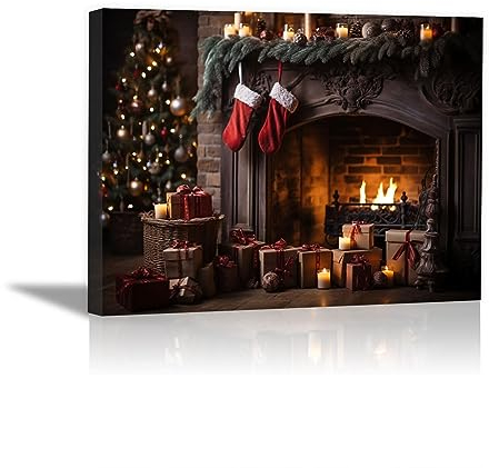 SHYAMIC Bilder Weihnachten Leinwandbild Kunstdruck, Türkisfarbener Weihnachtskamin Wandbild X-Mas Fenster Fotodruck Kunstdruck Leuchtbild, Weihnachten Winteridylle Effekt - 75x115cm Gerahmt