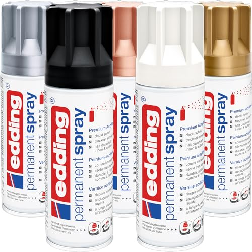 edding 5200 Permanent Spray - metallic Set - 5x 200 ml - Tiefschwarz matt, Verkehrsweiß matt, Reichgold matt, Silber matt, Edles Kupfer - Lackspray, Acrylspray, Farbspray