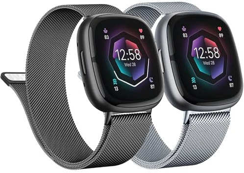 2 Stück Metall Armband für Fitbit Versa 3/Versa 4/Sense 2,Edelstahlarmband Sport Ersatzband Uhrenarmband aus Edelstahl mit Magnetschließe für Fitbit Versa 4/3/Sense 2 Smartwatch，schwarzes/Silber，S | Edelstahl, Magnetverschluss, Verstellbar, Austauschbare Sport Armbänder für Fitbit Versa 4/Versa 3/Sense 2