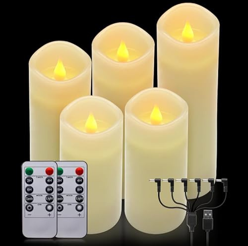 ALED LIGHT Real Wax Rechargeable Candles Flickering Realistic,Warm White Flameless Candles Rechargeable with Remote for Home Decor Idea Gift，Pack 5(D 2.2”X H 5”5.5”6”7”8”)
