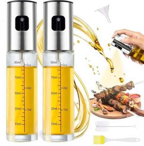 KISUOMAOYI 2-Pack Oil Sprayer Dispenser, 100ml Glass Bottle with Stainless Steel Spray Nozzle, Reusable, BPA Free, Ideal for Cooking, Baking, Grilling, BBQ, Roasting, Sauteing, Outdoor Cooking