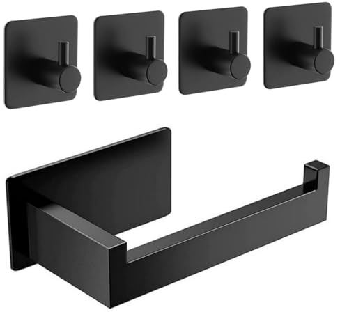 Toilettenpapierhalter Ohne Bohren, Klopapierhalter Ohne Bohren, Selbstklebend Toilettenpapierrollenhalter Edelstahl mit 4 Stück Handtuchhaken,Toilet Paper Holder für Bad und Küche(Schwarz)