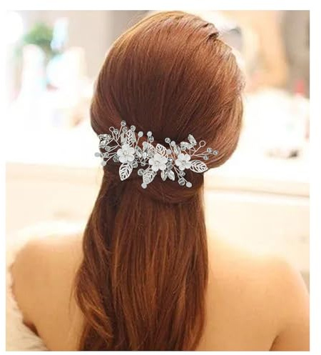 Braut Haar Reben Zubehör,Brautschmuck Haare Perle Muschel Blume lange Haarband,Kristall Haarschmuck,Hochzeit Haarschmuck für Frauen (Silber)