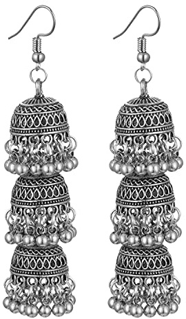 Eleganti orecchini pendenti a tripla campana Jhumki con perline lunghe nappe per donne ragazze moda bohémien vintage lampadario indiano gancio grande orecchino pendente pendente gioielli tradizionali