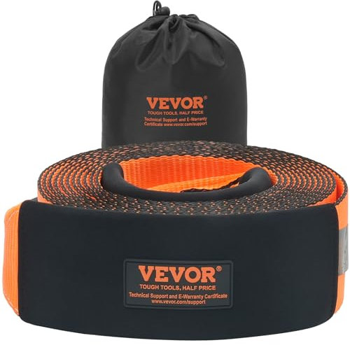 VEVOR Sangle de remorquage de récupération, 101,6 mm x 9,1 m, Corde à Triple Boucle renforcée, résistance à la Rupture de 21092 kg, Protection des Arbres, Manchons de Protection et Sac de Rangement