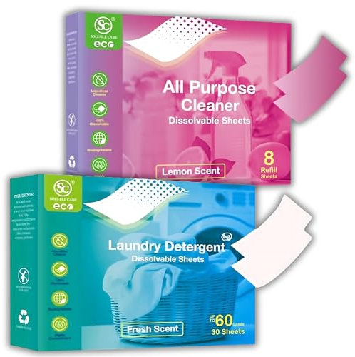 Eco-Friendly Laundry Detergent (30 Sheets, Up to 60 Washes) - Customizable, Optimal Cleaning + Eco-Friendly All-Purpose Dissolvable Cleaner (8) for Stain Removal on Fabric and More