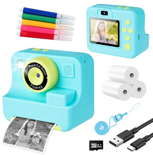 Fotocamera istantanea per bambini, fotocamera digitale per bambini, con carta da stampa e scheda TF da 32 G, fotocamera con penne colorate, regalo per bambini da 3 a 14 anni (blu)