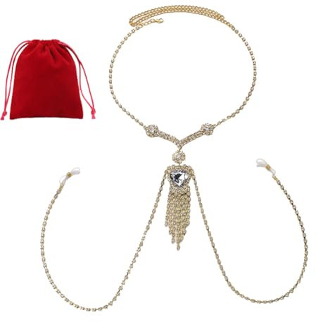 TJCGCKK Strass-BH-Körperkette Wiederverwendbarer Clip auf Brust Brustwarze Kette mit Halskette Bling Crystal Harness Taille Bauch Bikini Körperkette Rave Nightout Party Brustkette (Gold)