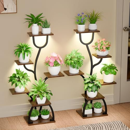 BACEKOLL 2-Pack Plant Stand Indoor with Grow Lights, 6 Tiered Indoor Plant Shelf, 102CM Plant Stand for Plants Multiple, Metal Plant Flower Holder, Plant Rack for Home, Patio, Corner Rose-Shape