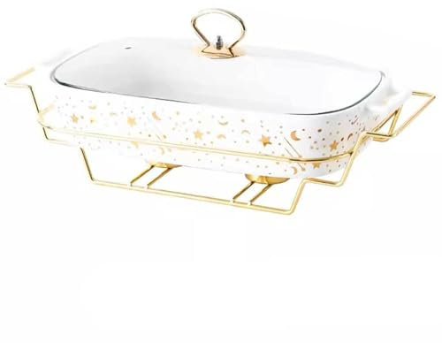 HSWOYEA Auflaufform aus Keramik mit Glasdeckel, Backform mit Griffen, Backgeschirr für die Inneneinrichtung mit goldenem Rost, Warmhalteplatten für Buffets, Hochzeiten, Partys, Bankette, weiß, klein