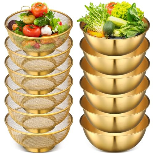 Nuogo 12 Pcs Stainless Steel Colander Set with 1.7 Qt Capacity, 6 Pcs Stainless Steel Strainer with 6 Pcs Metal Mixing Bowls for Kitchen Washing Vegetables Fruit Rice and Draining Cooked Pasta, Gold