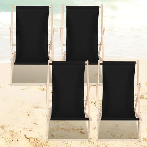 Ollewiellan 4er Set Liegestuhl klappbar Holz, Strandstuhl, Bis 120 kg, Sonnenliege strapazierfähiger Klapp-,Garten, Strand, Camping- und Reisebegleiter(schwarz)