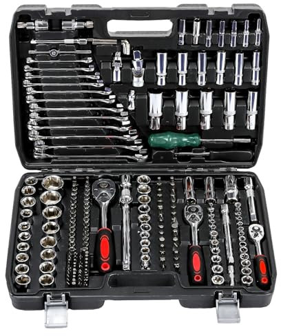 ISINEVER 216 tlg Steckschlüsselsatz, Knarrenkasten Set, mit 1/2 1/4'' 3/8 Ratsche, Cr-V Steckschlüssel-Satz mit Ratschenschlüssel, Ratschenkasten Werkzeugkoffer für Arbeiten an Fahrrädern und Autos